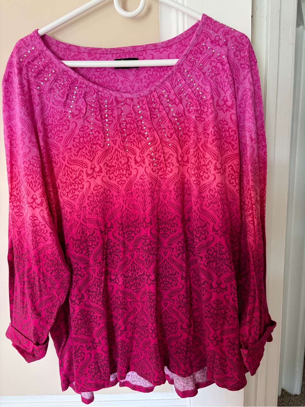 Erika Pink Fuchsia Ombre Long Sleeve Scoop Neck Top